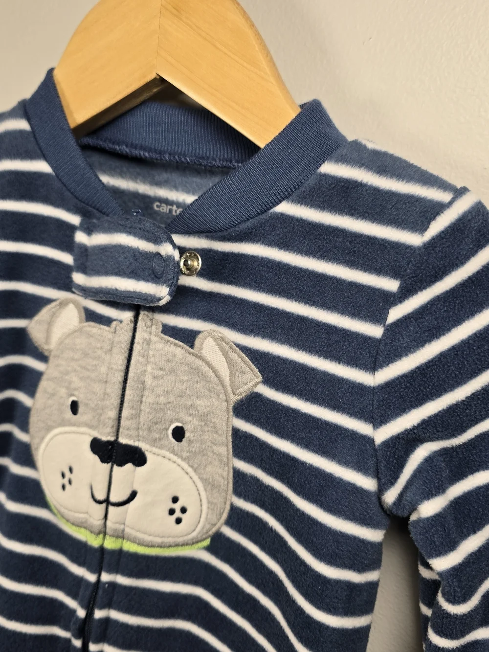 Carter's Navy and White Striped Footed One-Piece Fleece with Bear Patch 9M